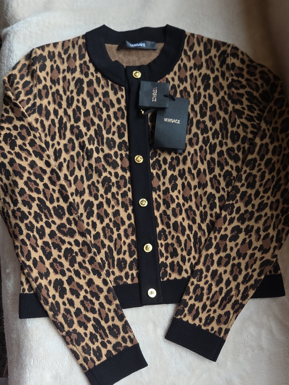 Versace Gianni Jacquard Leopard-Print Cardigan with Gold Medusa Buttons